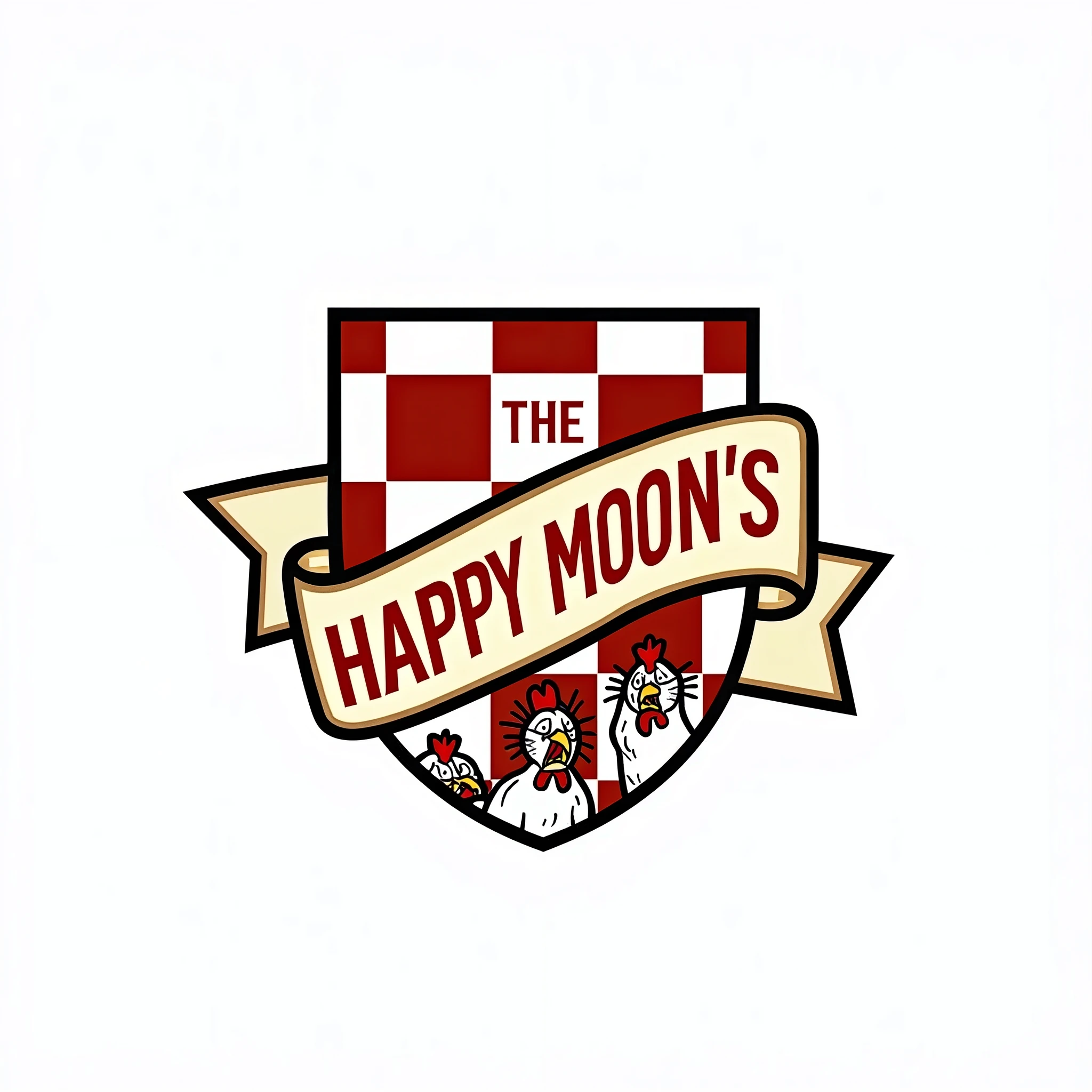 "The Happy Moon's logo is designed with a checkered pattern. The squares of the logo are redesigned to resemble the bars of a cage, with each square giving the impression of a wire cage. In the background of the logo, behind the cage, are drawn caged chickens, crowded and stressed, emphasizing their cramped conditions. The unhappy and confined appearance of the chickens adds a somber tone to the overall aesthetic of the logo, reflecting the harsh realities of cage life."