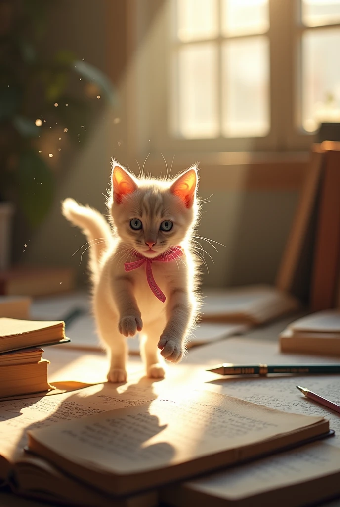 A white-furred, blue-eyed kitten with a pink ribbon around its neck is teasing a student studying.。