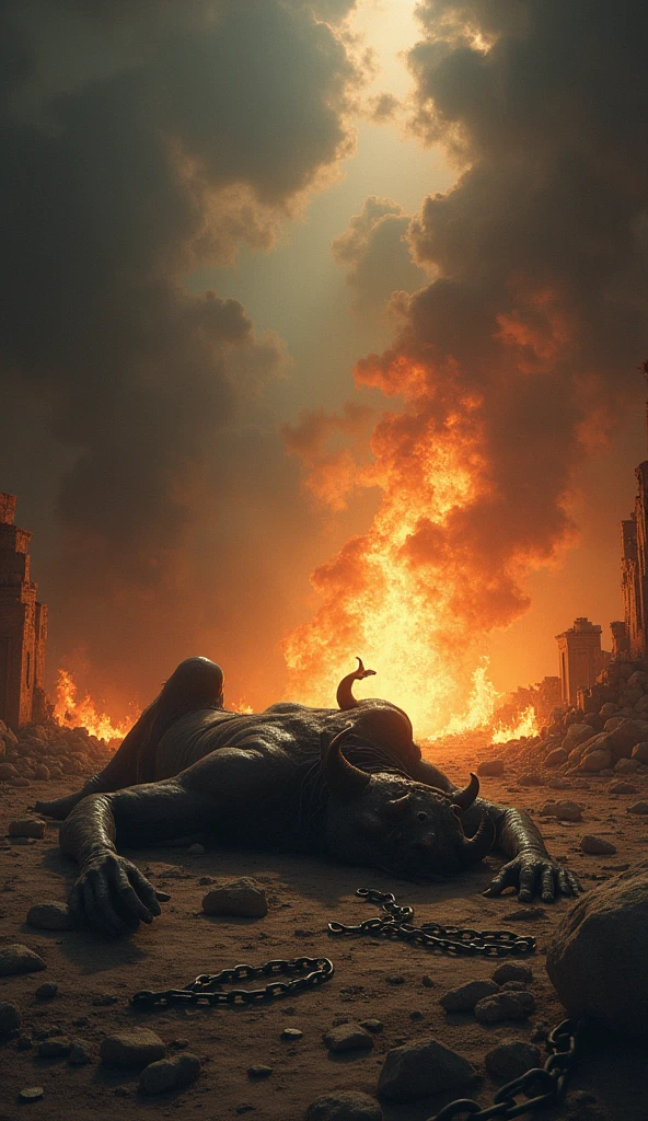 "A powerful and symbolic scene showing the devil defeated. The devil is in a subjugated position, defeated and fallen, with an expression of frustration and defeat. The surrounding scenery is dramatic and intense, with a combination of dark colors and extinguished flames to emphasize the end of its power. There may be symbols of your defeat, like chains, ruins or signs that its influence has been broken. No fundo, there may be a radiant light or glow that symbolizes the victory of good over evil. The image should convey a sense of triumph and resolution., highlighting the definitive defeat of the devil."