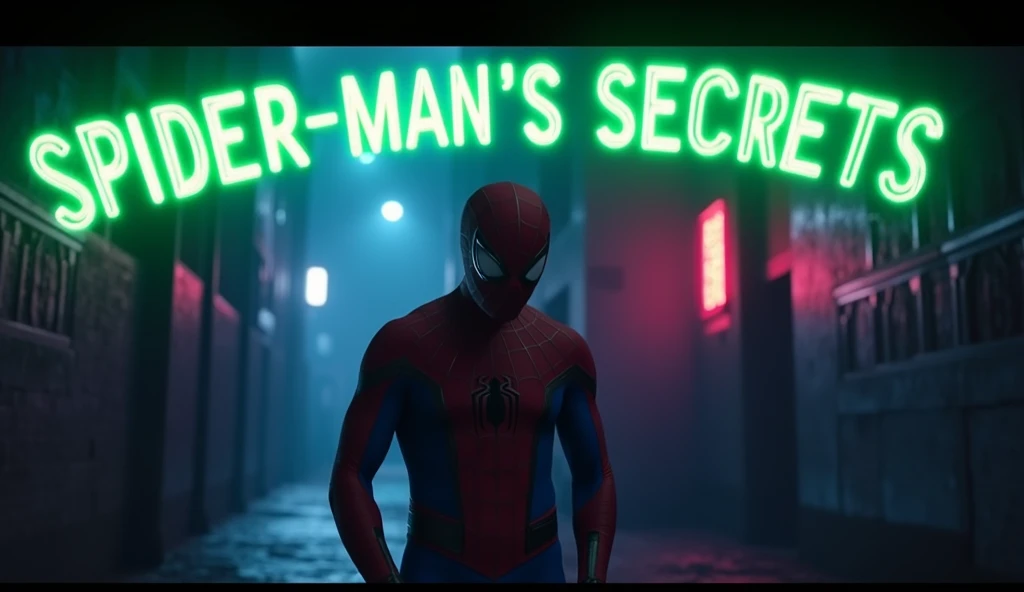 "prompt": "Design a YouTube thumbnail featuring Spider-Man standing in a dark alley, surrounded by shadows. The character has a serious, contemplative expression, looking down as if burdened by a hidden truth. The background is a mix of deep blues and purples with neon highlights that contrast with the shadows. The text 'Spider-Man's Secrets' is in bold, neon green font, creating a striking and mysterious vibe."
