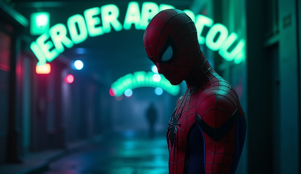 "prompt": "Design a YouTube thumbnail featuring Spider-Man standing in a dark alley, surrounded by shadows. The character has a serious, contemplative expression, looking down as if burdened by a hidden truth. The background is a mix of deep blues and purples with neon highlights that contrast with the shadows. The text 'Spider-Man's Secrets' is in bold, neon green font, creating a striking and mysterious vibe."