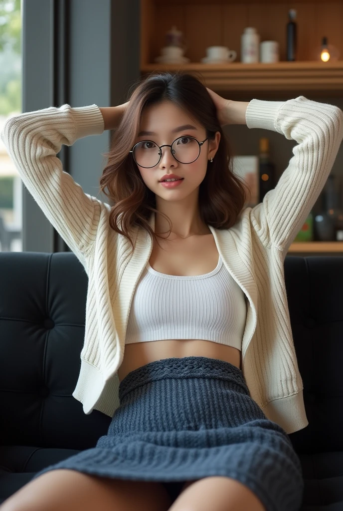 Wear knitted clothes((best quality, 8K, masterpiece: 1.3)), Beautiful exotic Indonesian girl, pure, Oval face, Kind and lovely, Sharp eyes, pure , slim body, (front), (Tilting your head), Brown long wavy hair, Wind blows hair, Long shoulders, Big round black eyes, Round glasses, Clear big eyes, Hydrating red lips, Sweet, Lying on a comfortable black sofa,Legs open,At the coffee shop, Blurred Background, Bright Lights, open mouth, pleading eyes, ((((whole body)))), Sexy sder legs, Small but firm breasts, your skirt, ((slim muscular body)), (M-Legged:1.5), ((elevator skirt:1.5)), Wearing a white short-sleeved cardigan,Matching beige, Dark Blue Braided Pencil Skirt, White, Tilting your head, (Raise your arms, Raise your arms above your head), (((Focus on her legs)))
