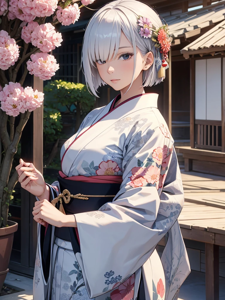  1woman, wearing a long Japanese kimono with flowers art, at a village , silver short hair, 8k, high detailed, high quality