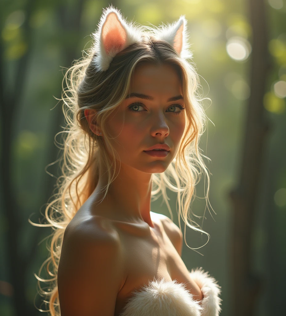 Woman without clothes with breasts exposed. With light fur and eyes. Inspired by the face of the woman in the photo sent.