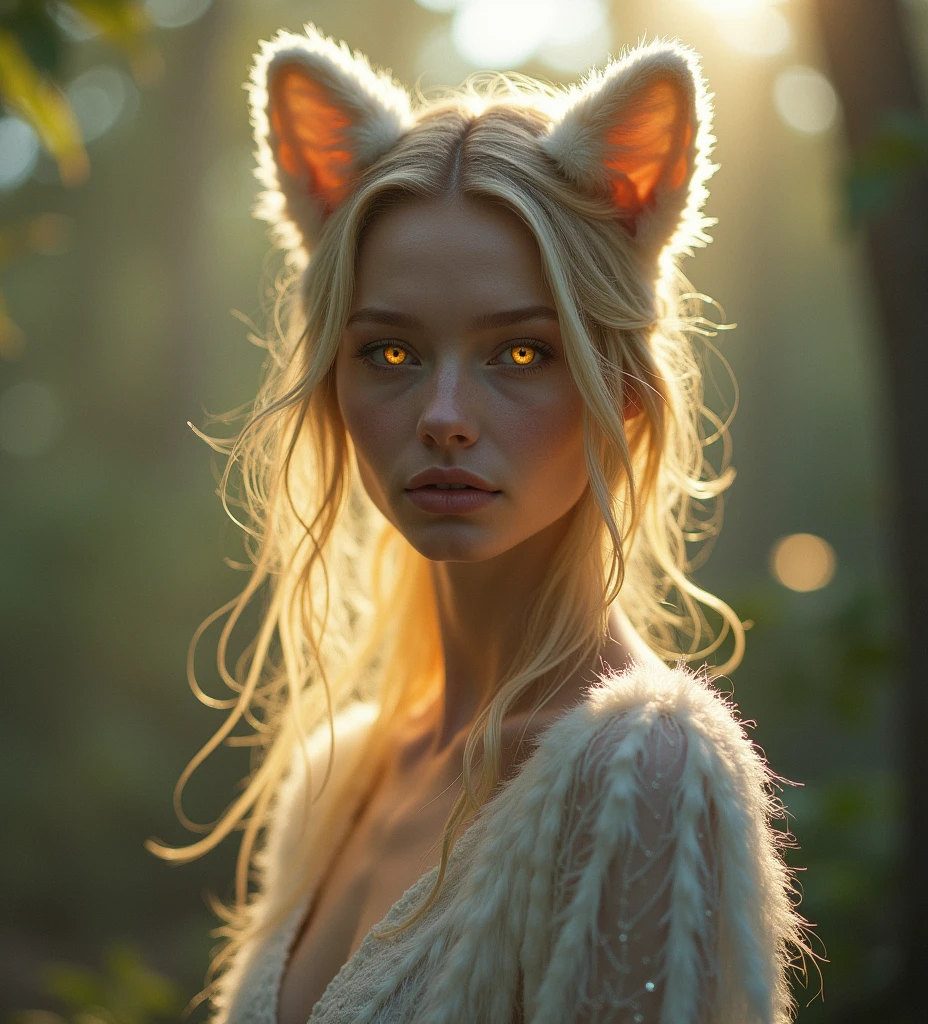 Woman without clothes with breasts exposed. With light fur and eyes. Inspired by the face of the woman in the photo sent.