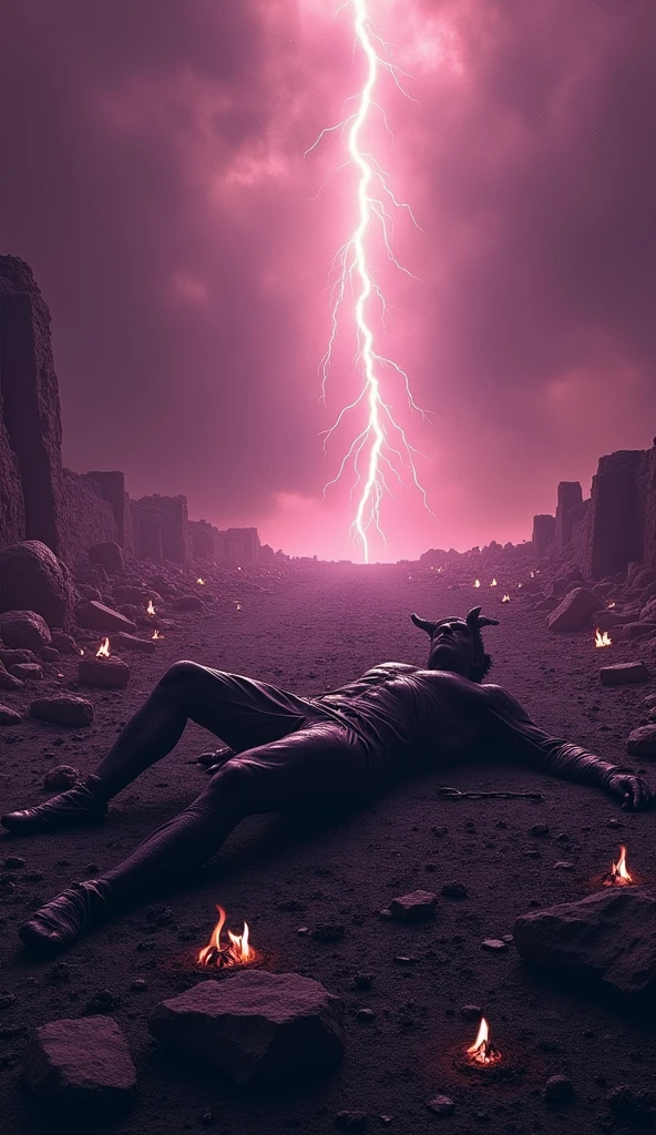 "A powerful and symbolic scene showing the devil defeated. The devil is in a subjugated position, defeated and fallen, with an expression of frustration and defeat. The surrounding scenery is dramatic and intense, with a combination of dark colors and extinguished flames to emphasize the end of its power. There may be symbols of your defeat, like chains, ruins or signs that its influence has been broken. No fundo, there may be a radiant light or glow that symbolizes the victory of good over evil. The image should convey a sense of triumph and resolution., highlighting the definitive defeat of the devil."