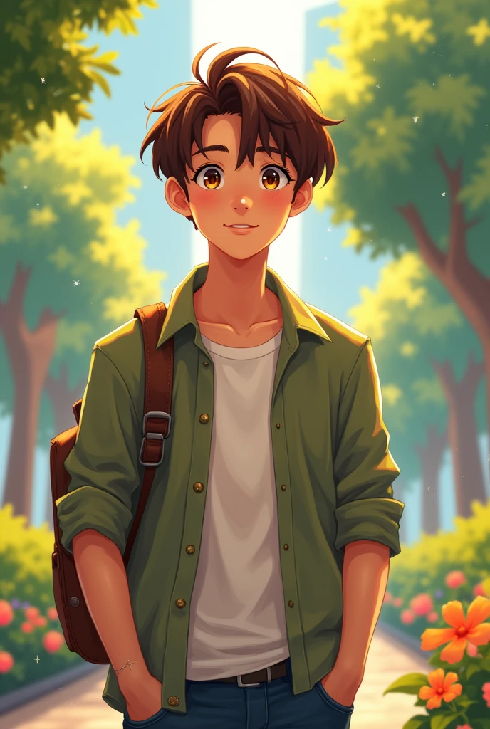 Teenage male with pearly skin and medium short brown hair 