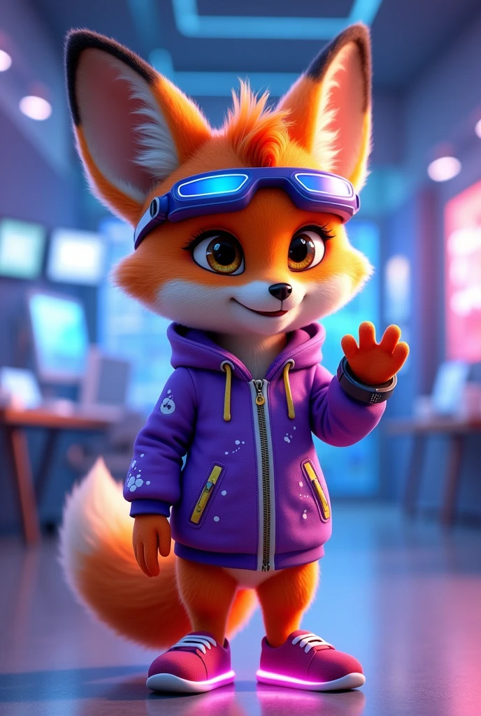 Create a 3D Disney Pixar style young fox named Fluffy, with a look focused on the technology section. She should have vibrant orange fur with white spots on her belly and paws., with big, expressive eyes and cute ears. Cute must be dressed and equipped with modern technological accessories:
vestimentas:
A futuristic purple jacket with neon accents, perhaps with illuminated panels or digital graphics, for a modern and technological look.
Accessories to be included:
A pair of augmented reality glasses (midair) with a futuristic design and bright lenses.
A high-end smartwatch with a holographic display and a silver metal strap.
A stylish wireless headset, featuring a sleek and modern design.
A small portable technology device, como um tablet ou um gadget de alto-tech, that she may be holding or using.
A pair of sneakers with built-in LED, that light up or flash for a technological effect.
Fofinha must have a posture that suggests interaction with technology, como ajustando os óculos midair ou mexendo em um gadget. The background should be a futuristic and technological environment, like a modern office with digital panels or a high-tech control room, capturing the essence of innovation and technology.
