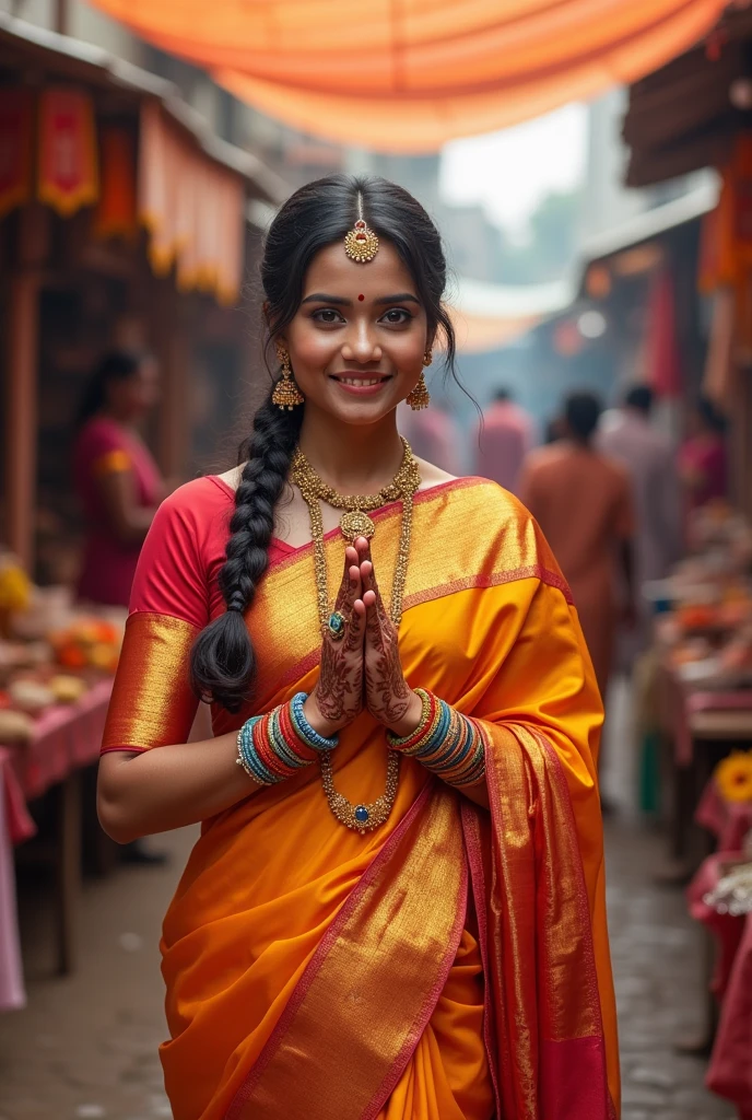 Instagram story size image,Indian female,bridal silk saree, hands join vanakkam,smiling realistic face,Indian bazaar,Tamil fonts,white skin tone
