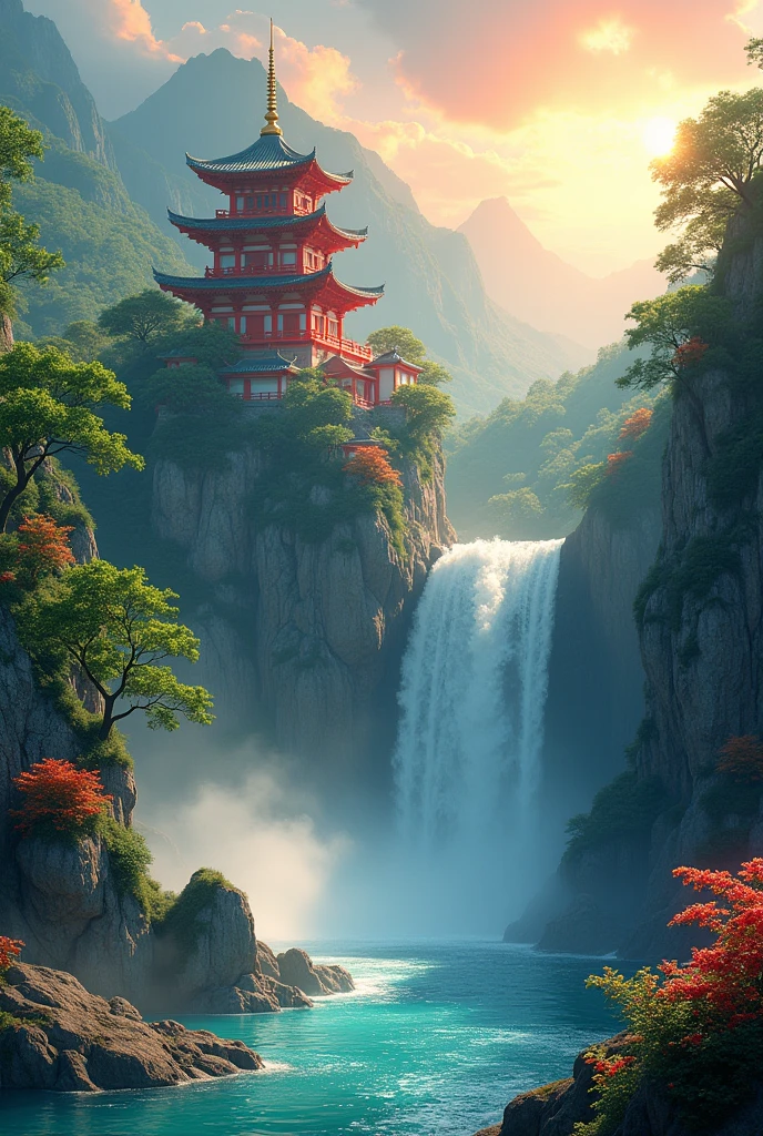 arafed view of a waterfall with a pagoda and a waterfall in the background, fantasy matte painting，cute, scenery artwork, game art matte painting, illustration matte painting, dota! matte painting concept art, dota matte painting concept art, 2. 5 d cgi anime fantasy artwork, dreamy matte painting, fantasy matte painting, avatar landscape, game map matte painting