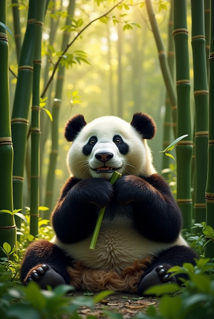 A panda bear eating a bamboo in a bamboo forest
