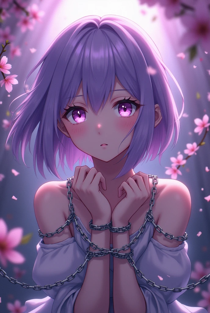 anime girl chained with strong purple filter

