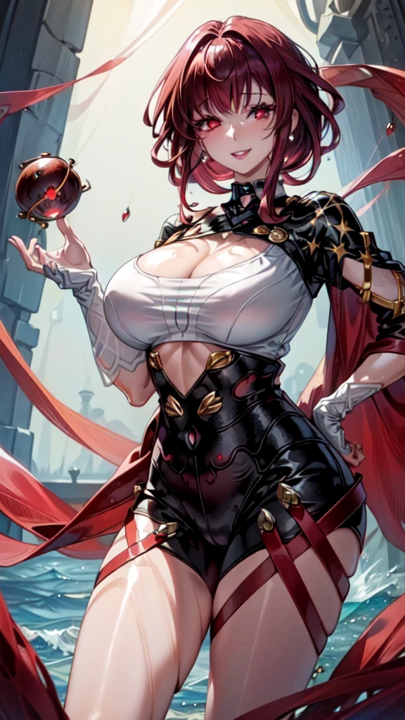 Masterpiece, Ultra HD, Ultra HD 8K, (((One woman))), Mysterious and fantastic image, Fantasy, Anime, (((Special costume))), Perfect voluminous body, (((Red brown short hair, Long bangs)))), (((((Shining Red Eyes))))), (((highlight on eyes))) (((Very long eyelashes))), (((Very nice smile))), Ultra realistic sharp focus, (((Beautiful body style, very big breasts, beautiful legs, wet and shiny skin, beautiful standing pose, earrings))), Seaside town background