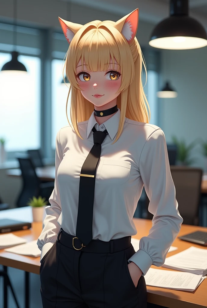 nsfw, masterpiece, (best quality:1.2), (sharp focus:1.2),, 1 girl, slim girl,, (blonde|light_yellow hair), cat ears,, detailed face, young|cute face, blush, evil smile,, natural breasts, thin arms,, white collared shirt with black tie, black choker,, in a modern office, indoor