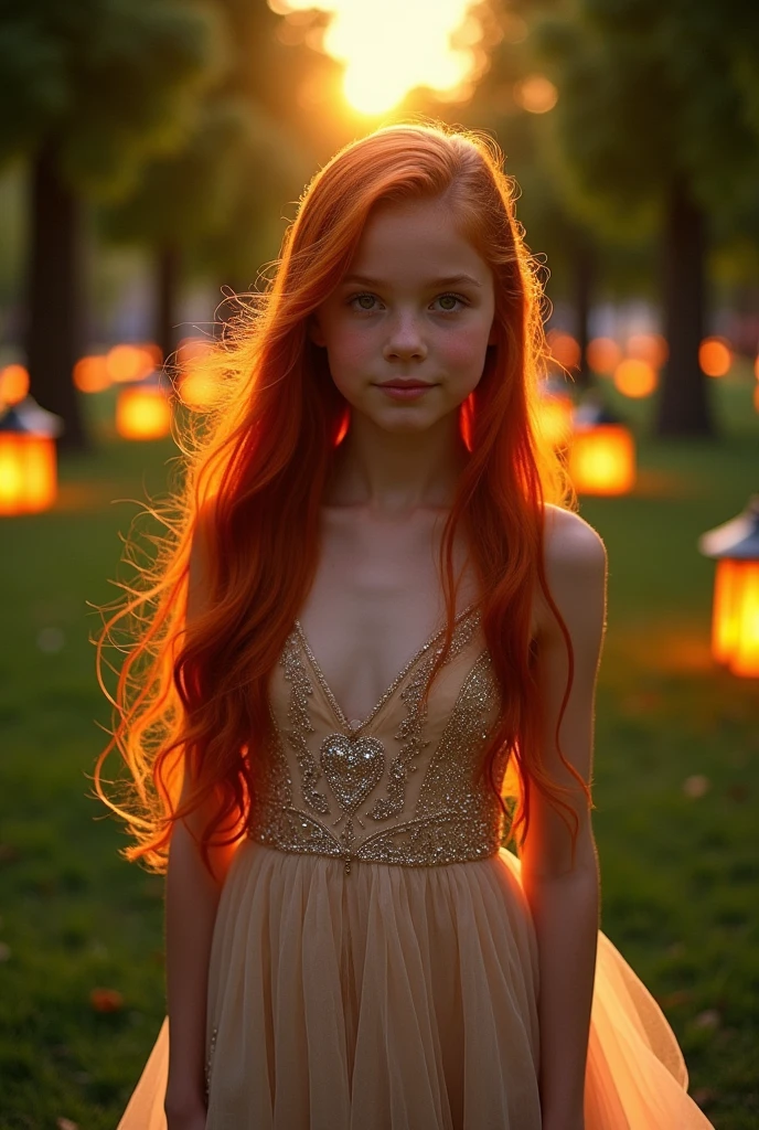 girl with red hair, evening dress, beautiful park in the background