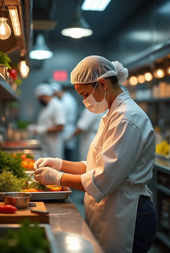 A staff member wearing protective gear in a kitchen.