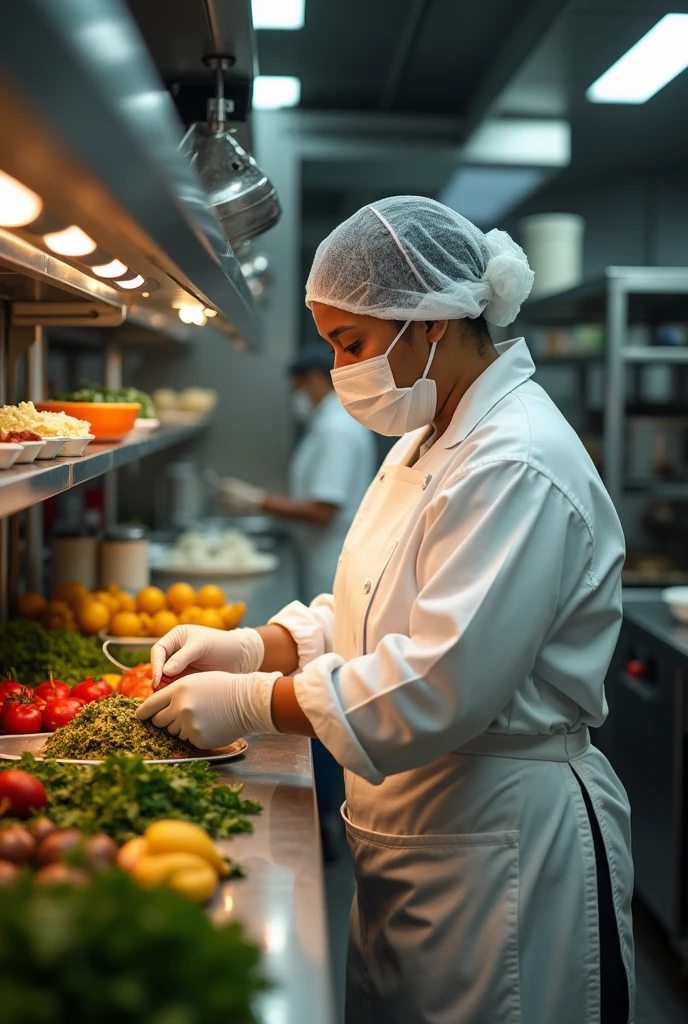 A staff member wearing protective gear in a kitchen.