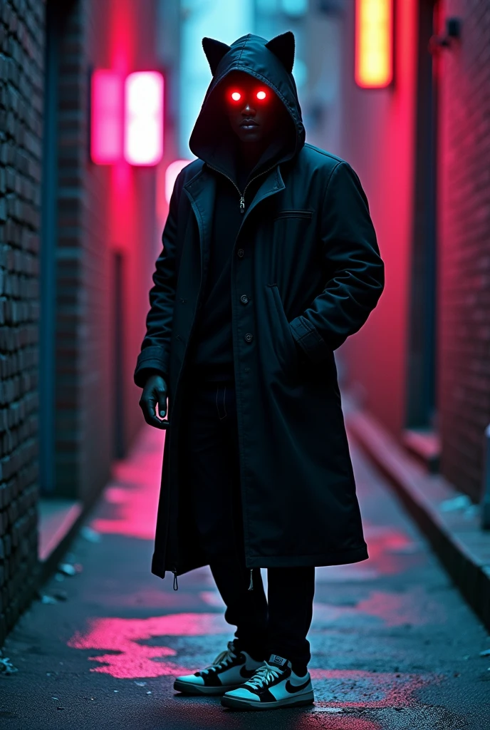 Make a picture of a man in a black overcoat, jeans, and tennis. The coat has a black hood with cat ears and where the eyes would be there is pitch black and two red orbs as eyes.. Make him blink one eye, His skin is completely black.