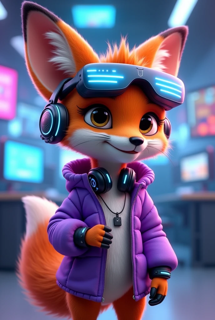 Create a 3D Disney Pixar style young fox named Fluffy, with a look focused on the technology section. She should have vibrant orange fur with white spots on her belly and paws., with big, expressive eyes and cute ears. Cute must be dressed and equipped with modern technological accessories:

vestimentas:

A futuristic purple jacket with neon accents, perhaps with illuminated panels or digital graphics, for a modern and technological look.
Accessories to be included:

A pair of augmented reality glasses (midair) with a futuristic design and bright lenses.
A high-end smartwatch with a holographic display and a silver metal strap.
A stylish wireless headset, featuring a sleek and modern design.
A small portable technology device, como um tablet ou um gadget de alto-tech, that she may be holding or using.
A pair of sneakers with built-in LED, that light up or flash for a technological effect.
Fofinha must have a posture that suggests interaction with technology, como ajustando os óculos midair ou mexendo em um gadget. The background should be a futuristic and technological environment, like a modern office with digital panels or a high-tech control room, capturing the essence of innovation and technology.