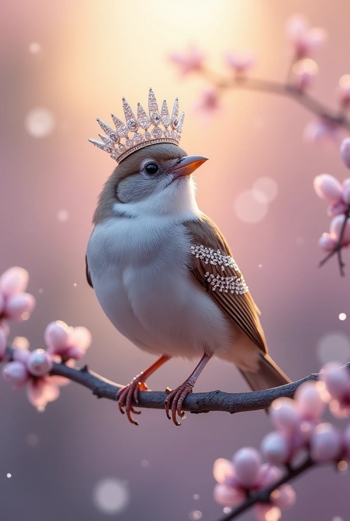 A delicate sparrow perched gracefully on a branch, its feathers adorned with intricate patterns of sparkling diamonds and rous pearls crown on its head. The diamonds are embedded along the edges of its wings, catching the light with every subtle movement, while pearls are nestled elegantly around its neck and scatd across its body like gentle drops of dew. The scene is set against a soft, pastel background with a gentle glow, enhancing the luxurious and ethereal appearance of the sparrow