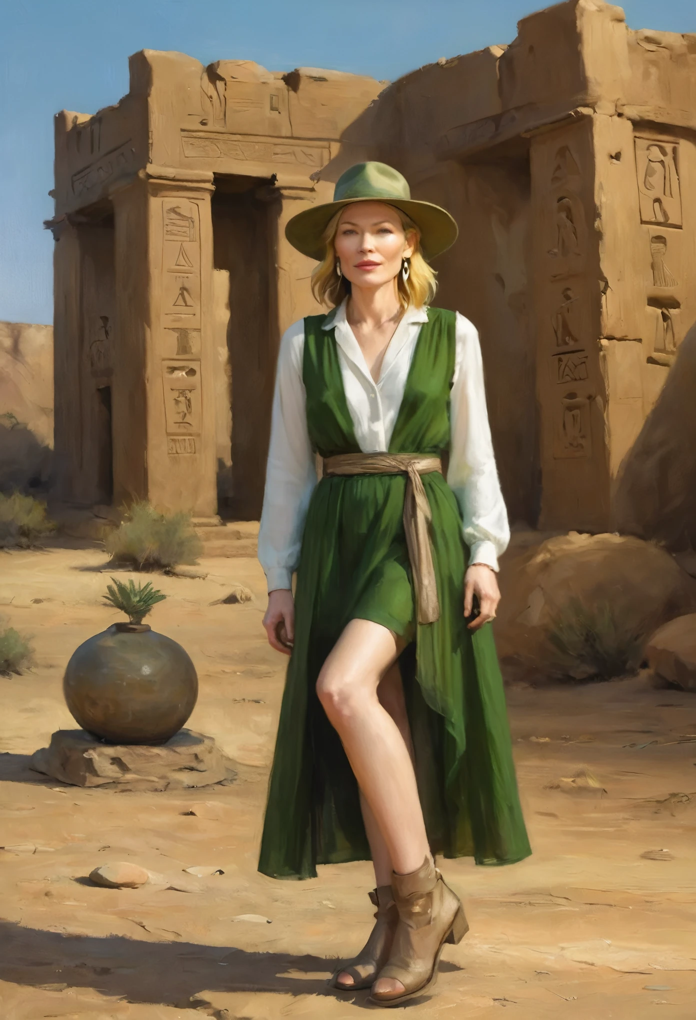 (sag)Cate Blanchett, age 25, age 25, British Expedition hat, Sheer white top tied above belly, Sheer green dress, no underwear, holding a tablet, desert ruins with hieroglyphs,
