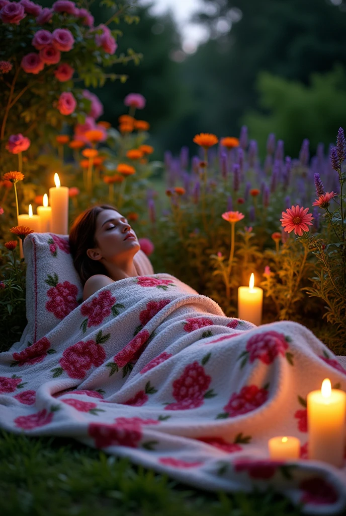 A person taking a relaxing in a garden, surrounded by candles and flowers.