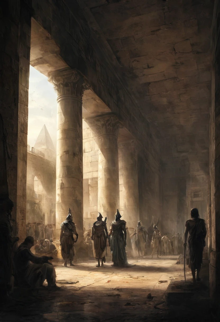 "Depict the final, tragic moments of Ancient Egypt, focusing on the assassination of Pharaoh Ramses III, one of its most prominent rulers. The scene takes place within the dimly lit, opulent royal palace, where shadows play ominously on the grand columns adorned with hieroglyphics. Ramses III, aged and frail, sits on a lavish throne, his expression weary yet dignified, as he clutches the armrests with visible tension. Surrounding him, a tense atmosphere is palpable as members of the royal court, including his sons and close relatives, exchange furtive glances, hinting at deep internal conflict. The setting reflects the deteriorating state of Egypt, with signs of decay and neglect visible in the once-glorious palace, symbolizing the economic and political crises. The moment of betrayal is imminent, with one of the conspirators poised to strike, holding a hidden dagger, their face masked by both fear and determination. The image should capture the gravity of the situation, emphasizing the themes of internal strife, corruption, and the tragic fall of a once-great ruler and empire."

This prompt is designed to create a dramatic and cinematic scene that encapsulates the atmosphere and tension of the historical event.