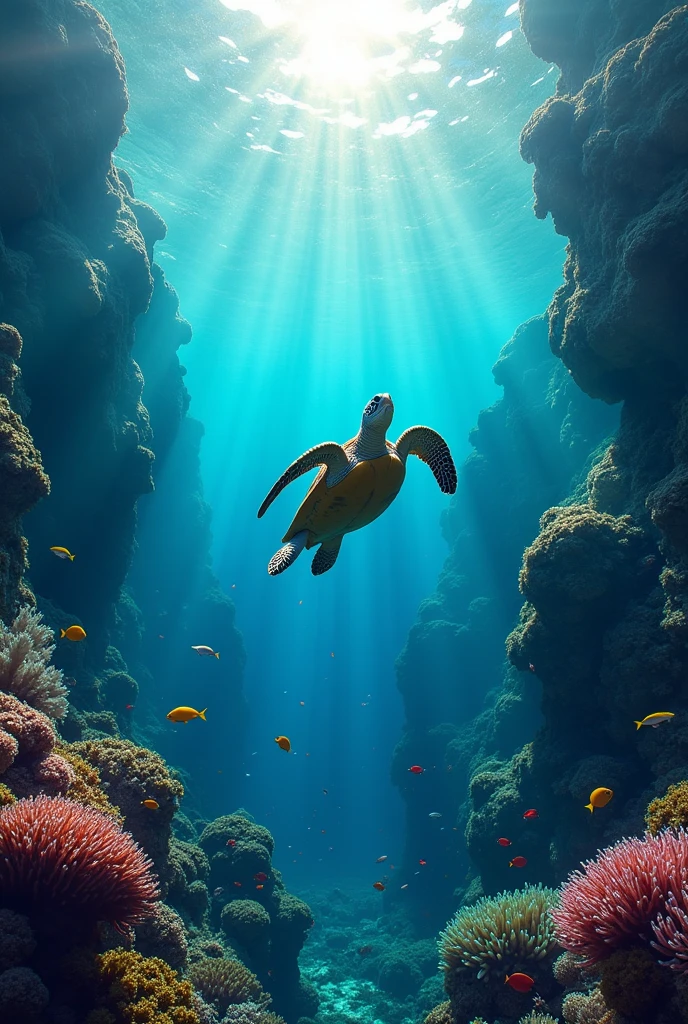 A majestic sea turtle swimming through crystal-clear ocean waters, surrounded by vibrant coral reefs and colorful marine life. One side of the image shows a pristine, healthy environment, while the other side contrasts with pollution, plastic debris, and dark, murky waters. The turtle is depicted as a symbol of hope and resilience, with light rays breaking through the water's surface, illuminating the message: 'Save the Turtles, Save the World.' Use a combination of vivid blues and greens for the healthy side, and darker, muted tones for the polluted side. Art style: detailed, realistic, environmental awareness poster, with an uplifting and impactful mood