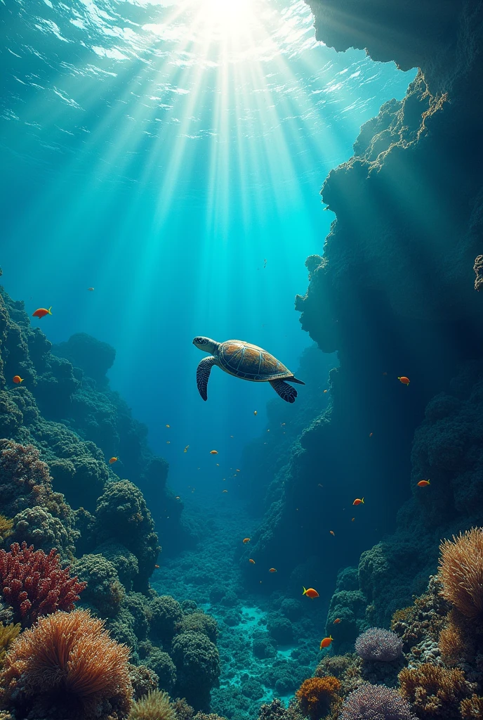 A majestic sea turtle swimming through crystal-clear ocean waters, surrounded by vibrant coral reefs and colorful marine life. One side of the image shows a pristine, healthy environment, while the other side contrasts with pollution, plastic debris, and dark, murky waters. The turtle is depicted as a symbol of hope and resilience, with light rays breaking through the water's surface, illuminating the message: 'Save the Turtles, Save the World.' Use a combination of vivid blues and greens for the healthy side, and darker, muted tones for the polluted side. Art style: detailed, realistic, environmental awareness poster, with an uplifting and impactful mood