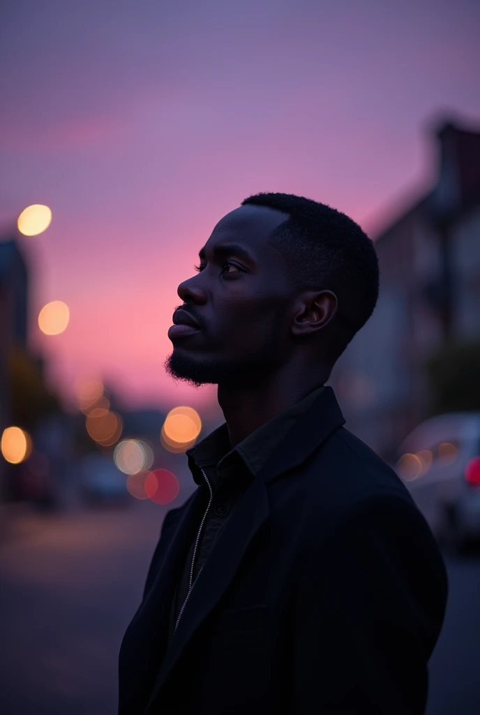 A dark man looking forward with shining eyes