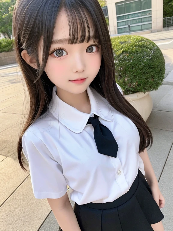 9 years old, elementary school students, full body, best quality, 8K, (Extremely detailed eyes, Extremely detailed face), very cute face, white shirt, black skirt, school uniform, musume san, long hair, bangs, 1 girl,  big breast, outdoor, looking at viewer, low angle, nsfw,