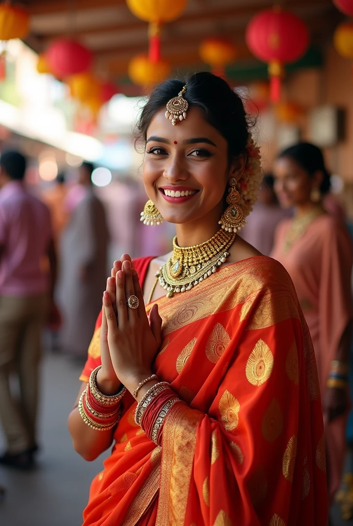 Instagram story size image,Indian female,bridal silk saree, hands join vanakkam,smiling realistic face,Indian bazaar,Tamil fonts,white skin tone,bridal jewellery