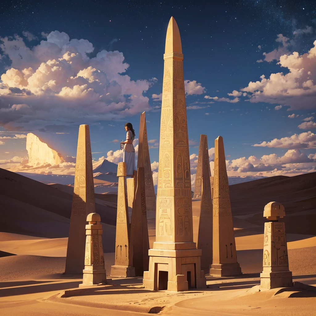 Desert with obelisks, night sky, hieroglyphs, women, UFO