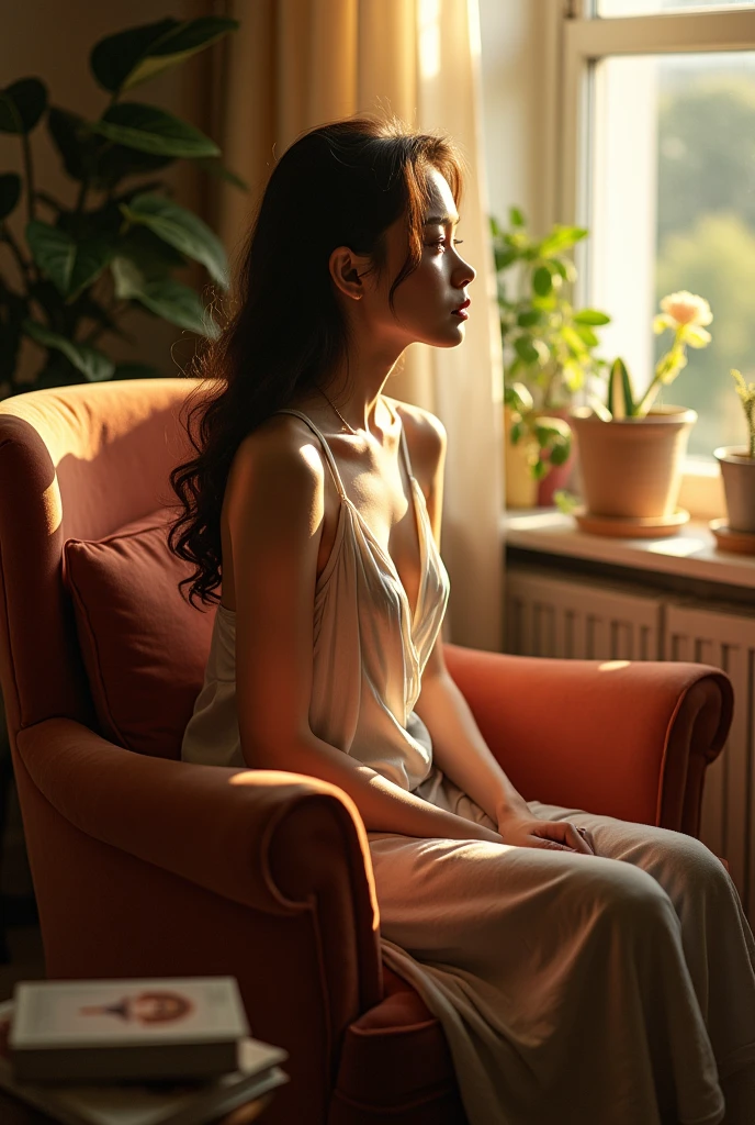 A young woman sitting naked on an armchair