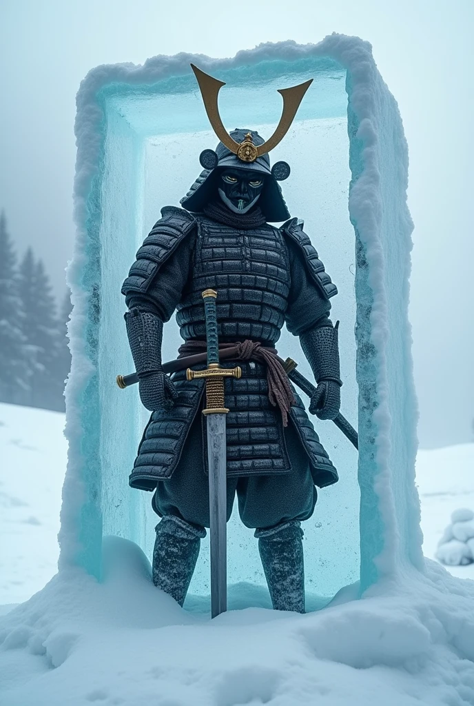 a samurai frozen in ice slab, full body shot, samurai full body is inside an ice slab, highly detailed armor, samurai sword, ice crystals, snow, winter landscape, mist, cold atmosphere, cinematic lighting, dramatic shadows, muted colors, photorealistic, 8k, best quality, ultra-detailed, realistic, masterpiece