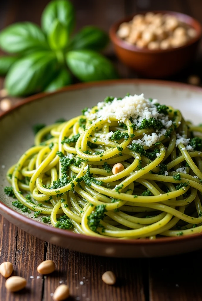 Spaghetti pesto close up