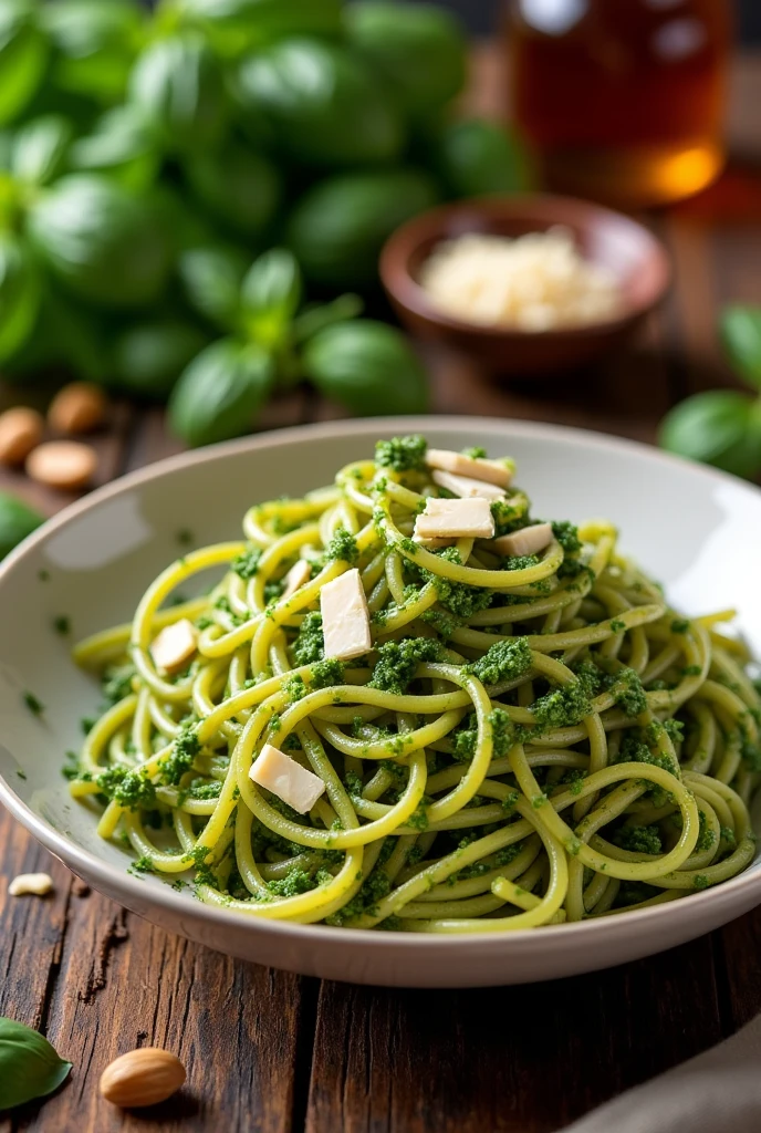 Spaghetti pesto close up