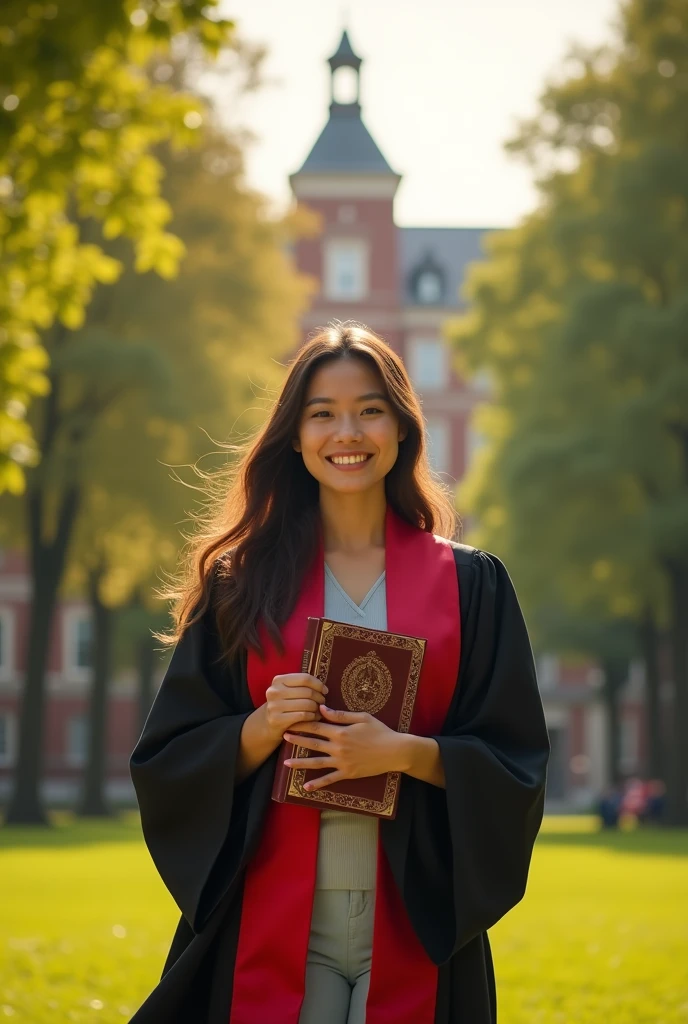 there is a woman in a graduation gown holding a book, student, 9 k, 9k, sha xi, graduation photo, promo image, group photo, background image, promotional render, official, post graduate, 2 0 2 0 s promotional art, advertising photo, movie promotional image, official artwork, by Ni Yuanlu, cai xukun, commercial banner