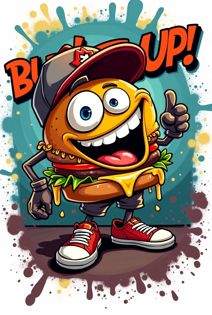 Create the logo of a company called BURGER UP!related to a smash burger business with a streetwear style and a burger as a crazy character