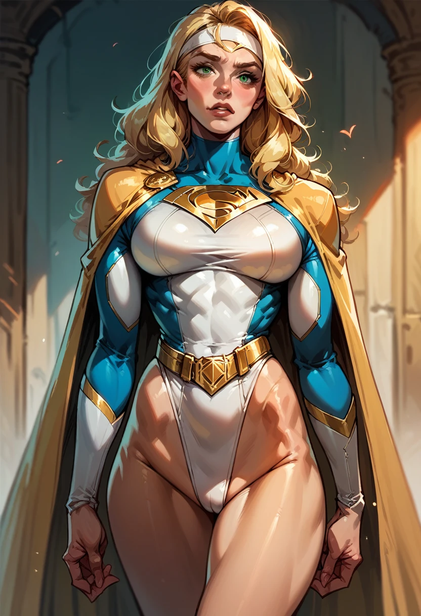 score_9, score_8_up, score_7_up, score_6_up, score_5_up, score_4_up, Sexy, Superheroine, blonde hair, green eyes, long hair, busty, ((White highleg leotard with a t-back thong)), gold belt, gold cape, thin white headband 