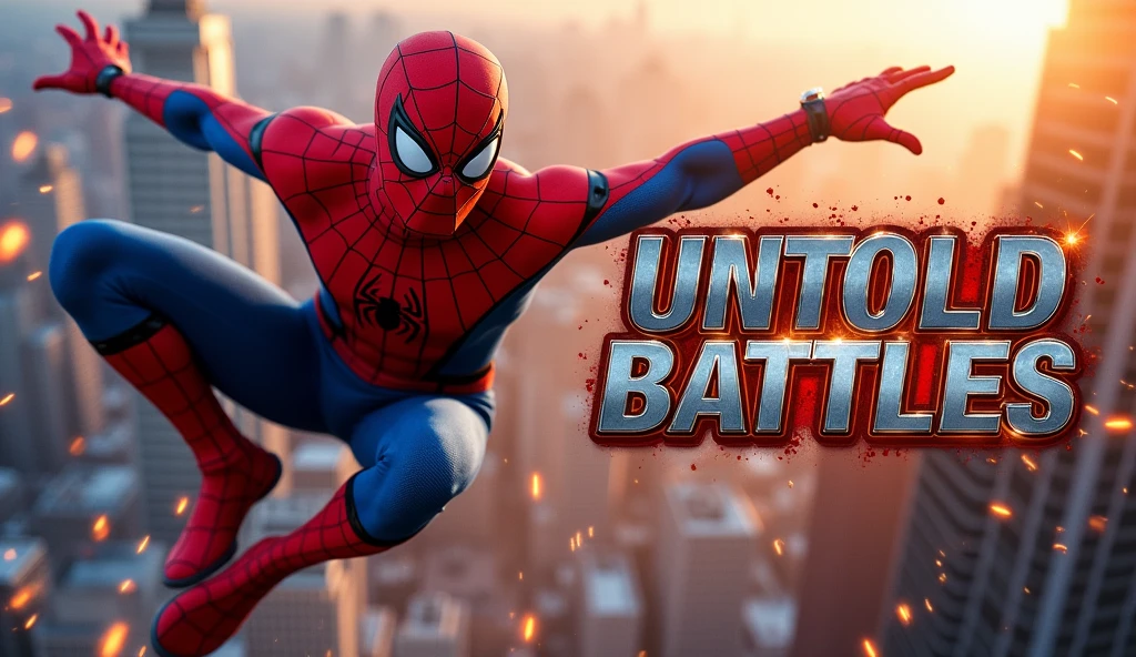 "prompt": "Create a YouTube thumbnail showcasing Spider-Man mid-action, swinging through the city in an epic showdown. The scene is filled with dynamic lighting, featuring fiery oranges and dark blues as the primary colors. The background shows sparks and debris flying around, emphasizing the intensity of the moment. The text 'Untold Battles' is in bold, metallic silver font with a fiery outline, highlighting the drama and action."