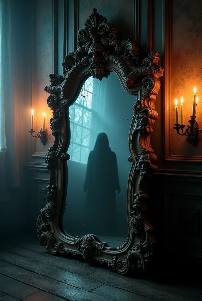 Generates a horror image of a cursed mirror