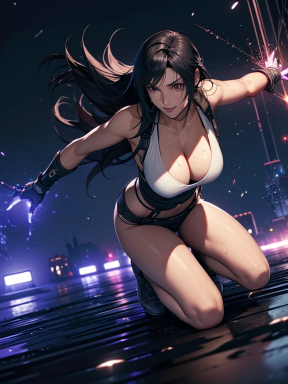 ((Master quality, 8K, masterpiece:1.3, ultra-detailed, high resolution, RAW Photos, detailed , blurry, Actual, hyper realistic, photo, HDR)), BREAK, perfect anatomical, perfect hands, perfect legs, perfect feet, detailed eyes, BREAK, One person alone, ff7r style, tifa lockhart,, beautiful face, beautiful detailed eyes, (dynamic posing ), long hair, ( Round and Stacked ), Cleavagtive smile:1.5, Sweat-soaked skin, BREAK, wearing( ), , Graffiti art, BREAK, ( Random Angle, full-body, ), dynamic angle, , background(Realistic , cinematic lighting, depth of field, night , the fuloon,, cyberpunk city atmosphere light particles, , )