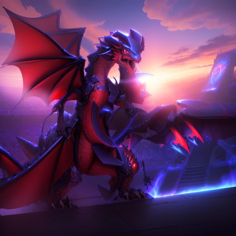 there is a dragon that is fighting a dragon in a stadium, slifer the sky dragon, gelbooru anime image, dialga the pokémon, safebooru anime image, dragon in dragon lair, pokemon military drill, pteranadon styling, a baddass dragon, colossal dragon in background, pokemon fighting at world war 2, dra the dragon