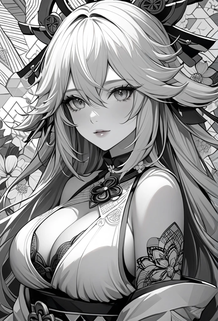 Yae Miko, genshin impact, absurdres, highres, ultra detailed, ultra-detailed background, detailed background, extremly detailed, 1girl,bunch of flowers, (zentangle:1.2), (geometric:1.2), black and white color palette, monochromatic, big breasts, cleavage, sideboob, lingerie, realistic depiction, portrait, close up,, 