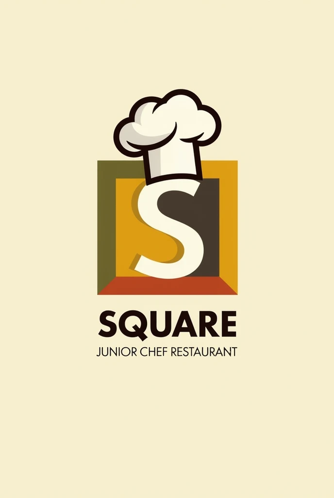 Logo for restaurant named Ssquare junior chef restaurant in square shapes and adding touch of chef also adding symbol of Ssquare with a retro colour theme