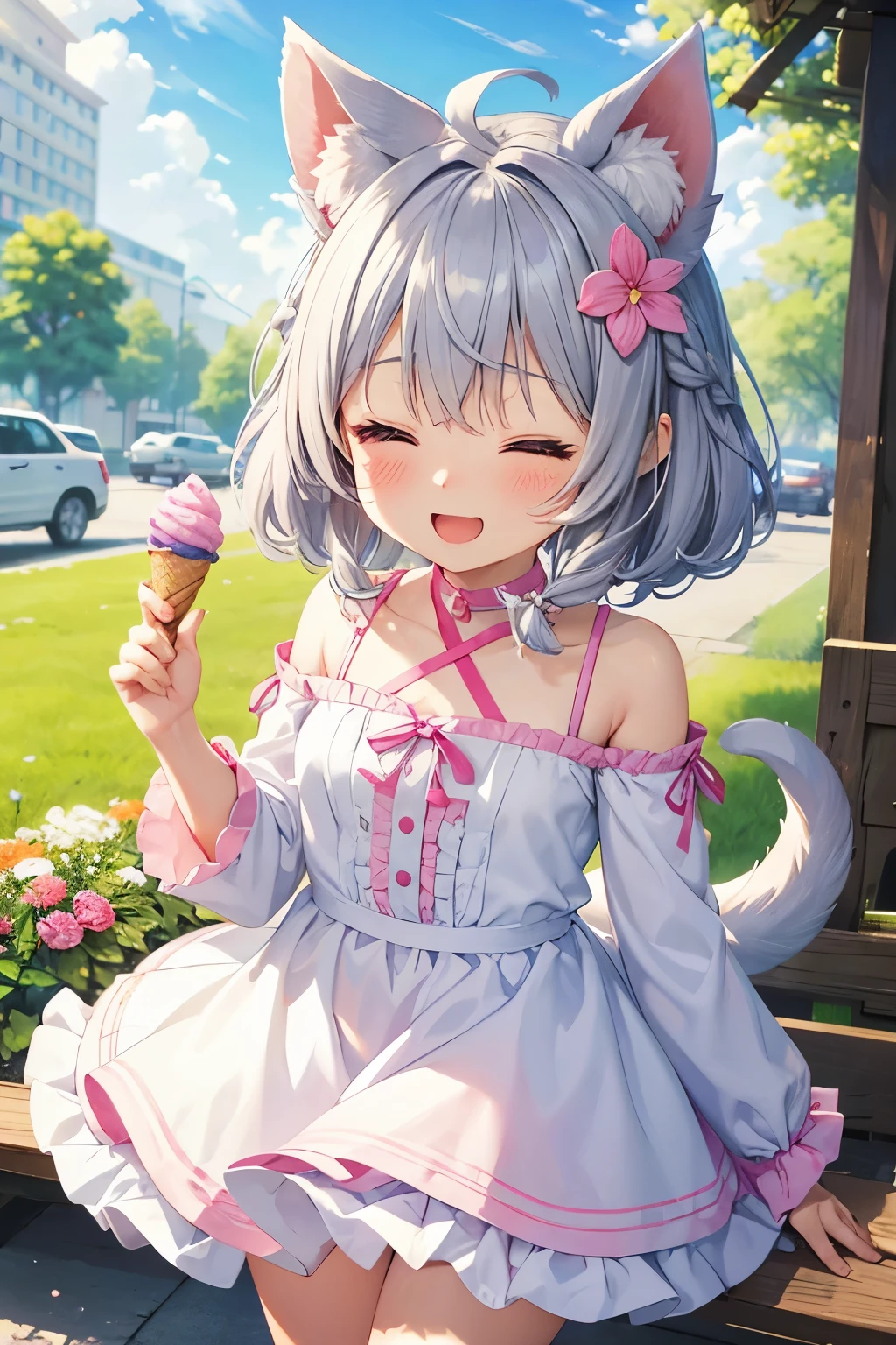 anime、pastel、Very young、child、、Very short、close your eyes、Open your mouth、Laugh out loud、Showing teeth、Double teeth、Gray Hair、Stray hair、Braided Short、Flower Hair Ornaments、fluffy ears、Dropped ears、Fluffy tail、Cheeky cheeks、Slender body、Light clothing、One piece with frills、Shoulder、Thighs、Outdoor、Cute Girlfriend、happy、Colorful flowers、shop、ice cream