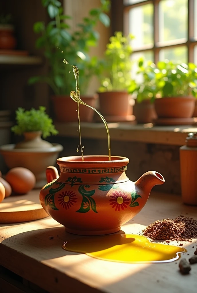 A clay pot pouring oil

