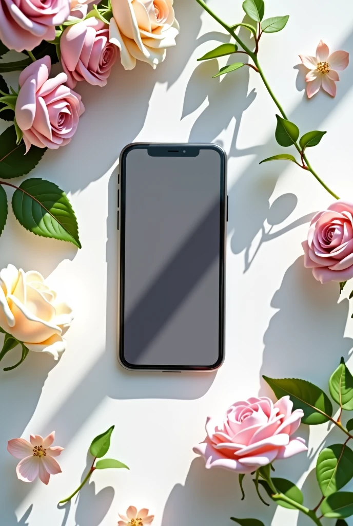 the phone lies on a white table, around it there are pastel small roses, between the flowers there are green sprigs, top view