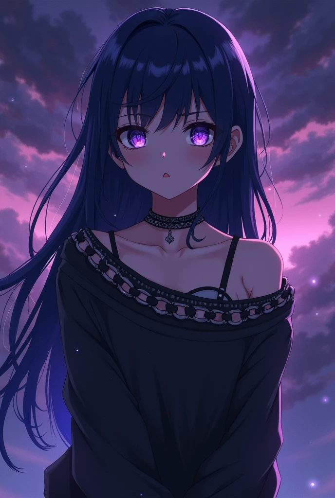 anime girl in chained sweater with dark deep purple filter